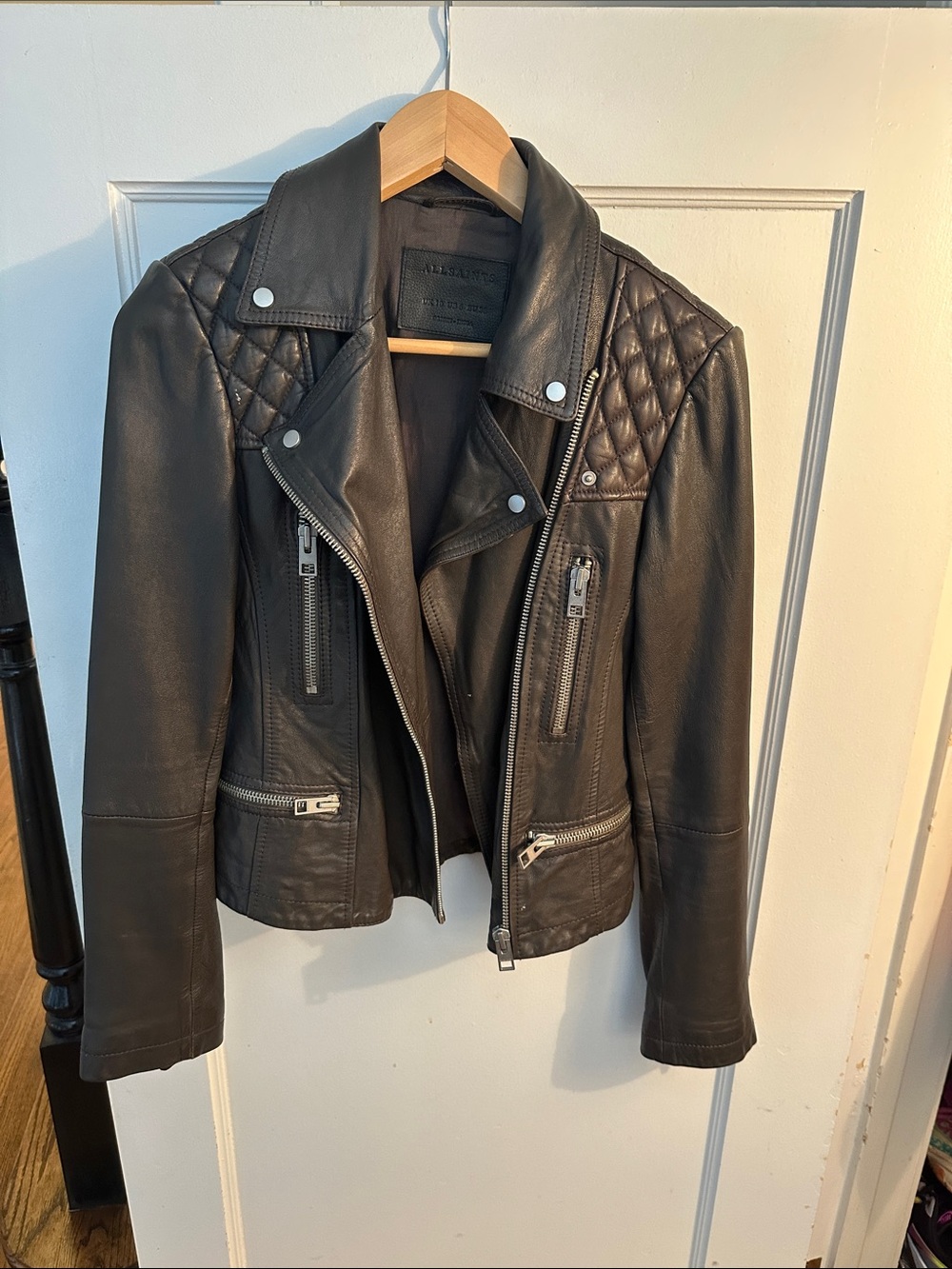 AllSaints Black Quilted Leather Biker Jacket with Silver Hardware